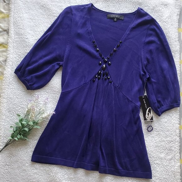 Nine West - Women's sweater top 3/4 Sleeves with jeweled Size M Amethyst - Picture 7 of 9